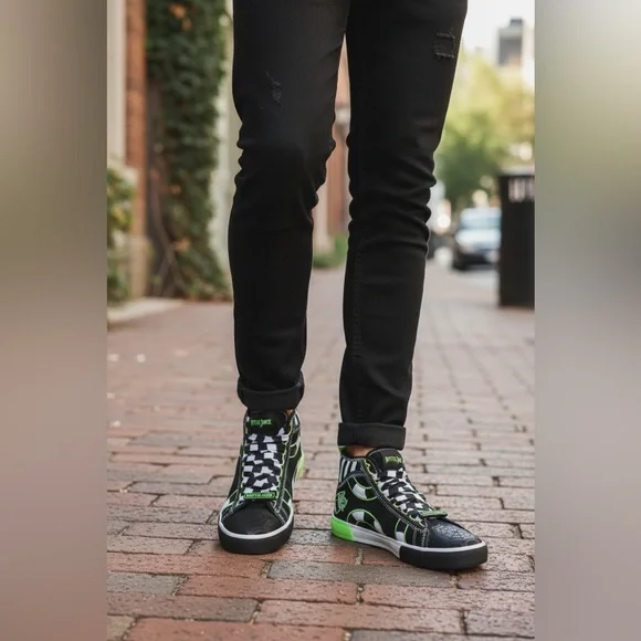 🐍Beetlejuice High-Top Sneakers Black Green Men’s Lace-Up Shoes Size 8